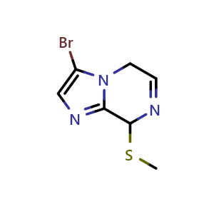 Chemical structure of 3-bromo-8-(methylthio)-5,8-dihydroimidazo[1,2-a]pyrazine , CAS 1416373-69-7, AChemBlock Y231193