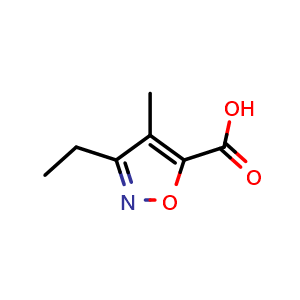 Chemical structure of 3-ethyl-4-methylisoxazole-5-carboxylic acid , CAS 874289-75-5, AChemBlock Y231200