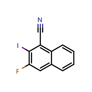 Chemical structure of 3-fluoro-2-iodo-1-Naphthalenecarbonitrile , CAS 2629318-43-8, AChemBlock Y231203
