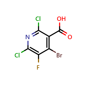 Chemical structure of 4-bromo-2,6-dichloro-5-fluoro-3-pyridinecarboxylic acid , CAS 1526945-64-1, AChemBlock Y231238
