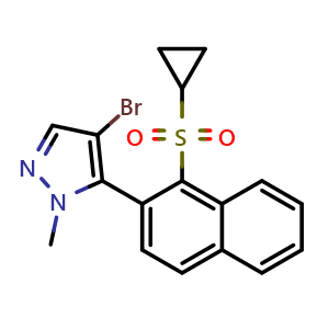 Chemical structure of 4-bromo-5-(1-(cyclopropylsulfonyl)naphthalen-2-yl)-1-methyl-1H-pyrazole , AChemBlock Y231241