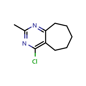 Chemical structure of 4-chloro-2-methyl-6,7,8,9-tetrahydro-5H-cyclohepta[d]pyrimidine , CAS 149285-91-6, AChemBlock Y231249