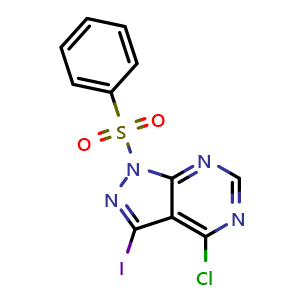 Chemical structure of 4-chloro-3-iodo-1-(phenylsulfonyl)-1H-pyrazolo[3,4-d]pyrimidine , CAS 2710653-59-9, AChemBlock Y231252
