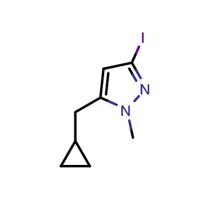 Chemical structure of 5-(Cyclopropylmethyl)-3-iodo-1-methyl-1H-pyrazole , CAS 2739830-31-8, AChemBlock Y231272