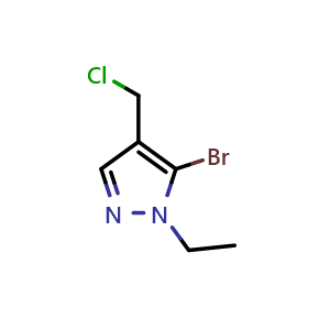 Chemical structure of 5-bromo-4-(chloromethyl)-1-ethyl-1H-pyrazole , CAS 2739830-09-0, AChemBlock Y231291