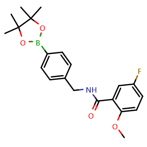 Chemical structure of 5-fluoro-2-methoxy-N-(4-(4,4,5,5-tetramethyl-1,3,2-dioxaborolan-2-yl)benzyl)benzamide , CAS 2413660-30-5, AChemBlock Y231304