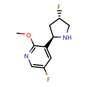 Chemical structure of 5-fluoro-3-[(2R,4S)-4-fluoro-2-pyrrolidinyl]-2-methoxy-pyridine , CAS 2088056-64-6, AChemBlock Y231305