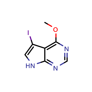 Chemical structure of 5-iodo-4-methoxy-7H-pyrrolo[2,3-d]pyrimidine , CAS 1196662-03-9, AChemBlock Y231310