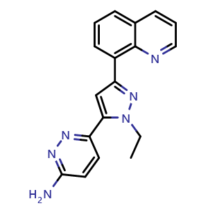 Chemical structure of 6-[1-Ethyl-3-(8-quinolinyl)-1H-pyrazol-5-yl]-3-pyridazinamine , CAS 2108096-70-2, AChemBlock Y231326