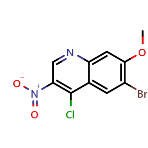 Chemical structure of 6-bromo-4-chloro-7-methoxy-3-nitroquinoline , CAS 2020090-85-9, AChemBlock Y231333