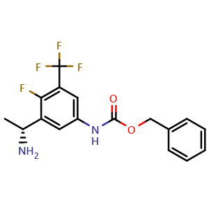 Chemical structure of benzyl (R)-(3-(1-aminoethyl)-4-fluoro-5-(trifluoromethyl)phenyl)carbamate , CAS 2820037-59-8, AChemBlock Y231387