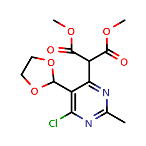 Chemical structure of dimethyl 2-(6-chloro-5-(1,3-dioxolan-2-yl)-2-methylpyrimidin-4-yl)malonate , CAS 2359690-92-7, AChemBlock Y231394