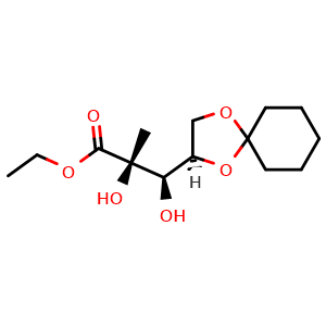 Chemical structure of ethyl (2S,3R)-2,3-dihydroxy-2-methyl-3-((R)-1,4-dioxaspiro[4.5]decan-2-yl)propanoate , CAS 1629094-07-0, AChemBlock Y231396