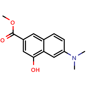 Chemical structure of methyl6-(dimethylamino)-4-hydroxy-2-naphthoate , CAS 263026-75-1, AChemBlock Y231460