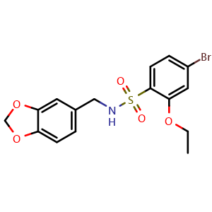 Chemical structure of N-(1,3-benzodioxol-5-ylmethyl)-4-bromo-2-ethoxybenzenesulfonamide , CAS 791844-24-1, AChemBlock Y231464
