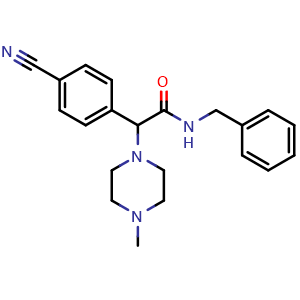 Chemical structure of N-benzyl-2-(4-cyanophenyl)-2-(4-methylpiperazin-1-yl)acetamide , CAS 2585644-29-5, AChemBlock Y231482