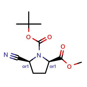 Chemical structure of rel-1-(1,1-Dimethylethyl) 2-methyl (2R,5S)-5-cyano-1,2-pyrrolidinedicarboxylate , CAS 2751983-56-7, AChemBlock Y231494