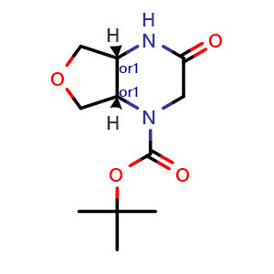 Chemical structure of rel-tert-butyl (4aR,7aS)-3-oxohexahydrofuro[3,4-b]pyrazine-1(2H)-carboxylate , CAS 1033712-93-4, AChemBlock Y231496