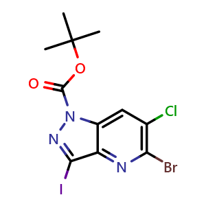Chemical structure of tert-butyl 5-bromo-6-chloro-3-iodo-1H-pyrazolo[4,3-b]pyridine-1-carboxylate , CAS 2640092-92-6, AChemBlock Y231540