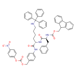 Chemical structure of Fmoc-Phe-Lys(Trt)-PAB-PNP , CAS 1116086-09-9, AChemBlock Y231583