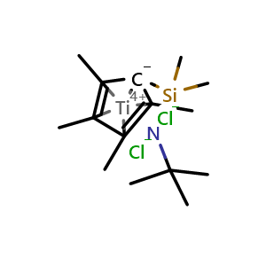 Chemical structure of Dichloro[N-(1,1-dimethylethyl)-1,1-dimethyl-1-[(1,2,3,4,5-η)-2,3,4,5-tetramethyl-2,4-cyclopentadien-1-yl]silanaminato(2-)-κN]titanium , CAS 135072-61-6, AChemBlock Y231648