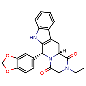 Chemical structure of (6R,12AR)-6-(benzo[d][1,3]dioxol-5-yl)-2-ethyl-2,3,12,12a-tetrahydropyrazino[1',2':1,6]pyrido[3,4-b]indole-1,4(6H,7H)-dione , CAS 1609405-34-6, AChemBlock Y231706