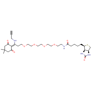 Chemical structure of rel-(3aR,4R,6aS)-N-[15-(4,4-Dimethyl-2,6-dioxocyclohexylidene)-3,6,9,12-tetraoxa-16-azanonadec-18-yn-1-yl]hexahydro-2-oxo-1H-thieno[3,4-d]imidazole-4-pentanamide , CAS 1802908-00-4, AChemBlock Y231723