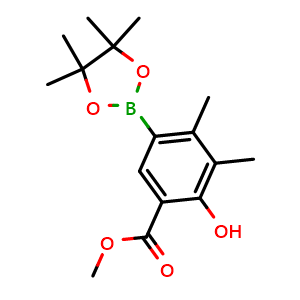 Chemical structure of Methyl 2-hydroxy-3,4-dimethyl-5-(4,4,5,5-tetramethyl-1,3,2-dioxaborolan-2-yl)benzoate , CAS 1820814-62-7, AChemBlock Y231744
