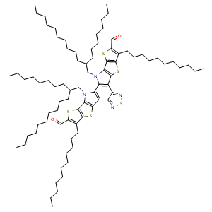 Chemical structure of 12,13-Dihydro-12,13-bis(2-octyldodecyl)-3,9-diundecyldithieno[2′′,3′′:4′,5′]thieno[2′,3′:4,5]pyrrolo[3,2-e:2′,3′-g][2,1,3]benzothiadiazole-2,10-dicarboxaldehyde , CAS 2599837-57-5, AChemBlock Y231872