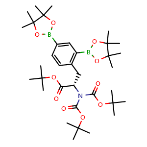 Chemical structure of tert-Butyl (S)-3-(2,4-bis(4,4,5,5-tetramethyl-1,3,2-dioxaborolan-2-yl)phenyl)-2-(N-bis(tert-butoxycarbonyl)propanoate , CAS 2827710-38-1, AChemBlock Y231903