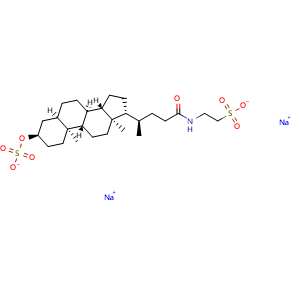 Chemical structure of Sodium (3R,5R,8R,9S,10S,13R,14S,17R)-10,13-dimethyl-17-((R)-5-oxo-5-((2-sulfonatoethyl)amino)pentan-2-yl)hexadecahydro-1H-cyclopenta[a]phenanthren-3-yl sulfate , CAS 64936-83-0, AChemBlock Y231977