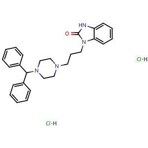 Chemical structure of 1-(3-(4-benzhydrylpiperazin-1-yl)propyl)-1,3-dihydro-2H-benzo[d]imidazol-2-one dihydrochloride , CAS 65215-19-2, AChemBlock Y231979