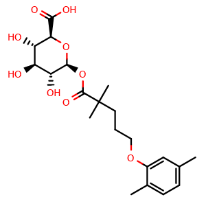 Chemical structure of (2S,3S,4S,5R,6S)-6-((5-(2,5-Dimethylphenoxy)-2,2-dimethylpentanoyl)oxy)-3,4,5-trihydroxytetrahydro-2H-pyran-2-carboxylic acid , CAS 91683-38-4, AChemBlock Y232026