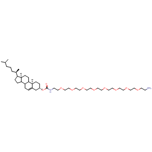 Chemical structure of (3S,10R,13R)-10,13-dimethyl-17-((R)-6-methylheptan-2-yl)-2,3,4,7,8,9,10,11,12,13,14,15,16,17-tetradecahydro-1H-cyclopenta[a]phenanthren-3-yl (26-amino-3,6,9,12,15,18,21,24-octaoxahexacosyl)carbamate , AChemBlock Y232053