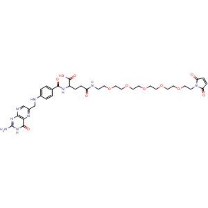 Chemical structure of 22-(4-(((2-amino-4-oxo-3,4-dihydropteridin-6-yl)methyl)amino)benzamido)-1-(2,5-dioxo-2,5-dihydro-1H-pyrrol-1-yl)-19-oxo-3,6,9,12,15-pentaoxa-18-azatricosan-23-oic acid , AChemBlock Y232118