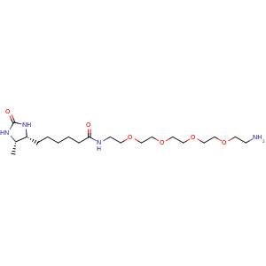 Chemical structure of N-(14-amino-3,6,9,12-tetraoxatetradecyl)-6-((4R,5S)-5-methyl-2-oxoimidazolidin-4-yl)hexanamide , AChemBlock Y232302
