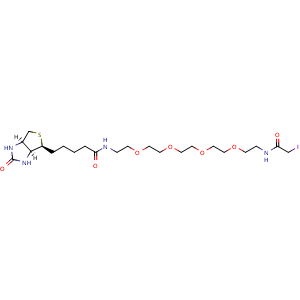 Chemical structure of N-(1-iodo-2-oxo-6,9,12,15-tetraoxa-3-azaheptadecan-17-yl)-5-((3aS,4S,6aR)-2-oxohexahydro-1H-thieno[3,4-d]imidazol-4-yl)pentanamide , AChemBlock Y232308