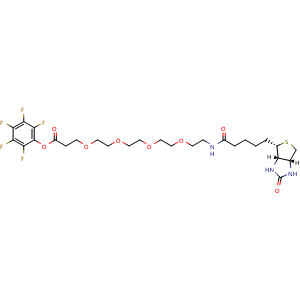 Chemical structure of perfluorophenyl 17-oxo-21-((3aS,4S,6aR)-2-oxohexahydro-1H-thieno[3,4-d]imidazol-4-yl)-4,7,10,13-tetraoxa-16-azahenicosanoate , CAS 1334172-58-5, AChemBlock Y232324