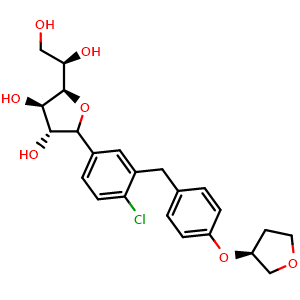 Chemical structure of (3R,4R,5R)-2-(4-chloro-3-(4-(((S)-tetrahydrofuran-3-yl)oxy)benzyl)phenyl)-5-((R)-1,2-dihydroxyethyl)tetrahydrofuran-3,4-diol , AChemBlock Y232439