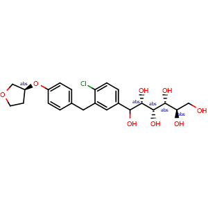 Chemical structure of (2S,3R,4R,5R)-1-(4-chloro-3-(4-(((S)-tetrahydrofuran-3-yl)oxy)benzyl)phenyl)hexane-1,2,3,4,5,6-hexaol , AChemBlock Y232440