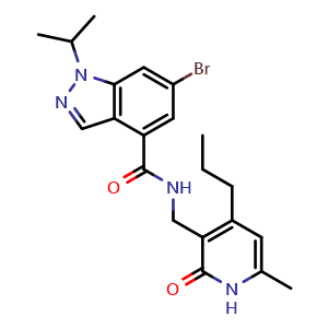 Chemical structure of 6-Bromo-1-isopropyl-N-((6-methyl-2-oxo-4-propyl-1,2-dihydropyridin-3-yl)methyl)-1H-indazole-4-carboxamie , CAS 1346702-61-1, AChemBlock Y232947