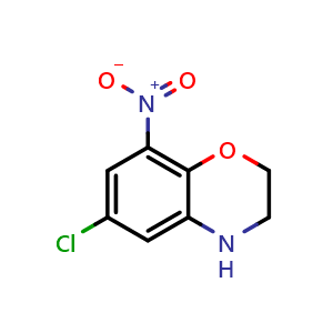Chemical structure of 6-Chloro-8-nitro-3,4-dihydro-2H-benzo[b][1,4]oxazine , CAS 2155874-50-1, AChemBlock Y233100