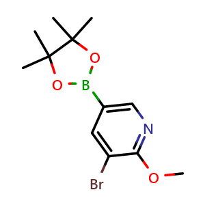 Chemical structure of 3-Bromo-2-methoxy-5-(4,4,5,5-tetramethyl-1,3,2-dioxaborolan-2-yl)pyridine , CAS 2223040-05-7, AChemBlock Y233113
