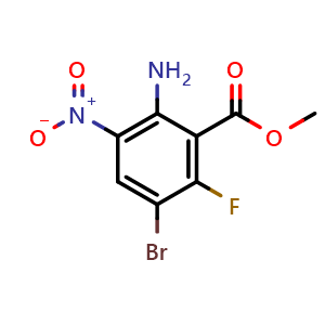 Chemical structure of Methyl 2-amino-5-bromo-6-fluoro-3-nitrobenzoate , CAS 636581-66-3, AChemBlock Y233231