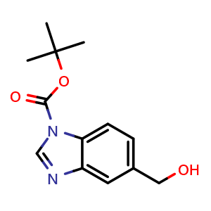 Chemical structure of tert-Butyl 5-(hydroxymethyl)-1H-benzo[d]imidazole-1-carboxylate , CAS 725237-71-8, AChemBlock Y233250