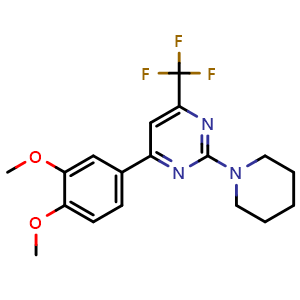 Chemical structure of 4-(3,4-Dimethoxyphenyl)-2-(piperidin-1-yl)-6-(trifluoromethyl)pyrimidine , CAS 725695-51-2, AChemBlock Y233252