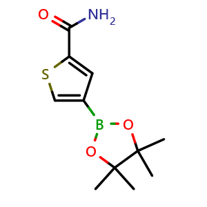 Chemical structure of 4-(4,4,5,5-Tetramethyl-1,3,2-dioxaborolan-2-yl)thiophene-2-carboxamide , CAS 957345-71-0, AChemBlock Y233319