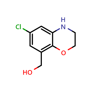Chemical structure of (6-Chloro-3,4-dihydro-2H-benzo[b][1,4]oxazin-8-yl)methanol , AChemBlock Y233340