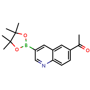 Chemical structure of 1-(3-(4,4,5,5-Tetramethyl-1,3,2-dioxaborolan-2-yl)quinolin-6-yl)ethan-1-one , AChemBlock Y233341