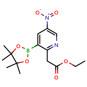 Chemical structure of Ethyl 2-(5-nitro-3-(4,4,5,5-tetramethyl-1,3,2-dioxaborolan-2-yl)pyridin-2-yl)acetate , AChemBlock Y233381